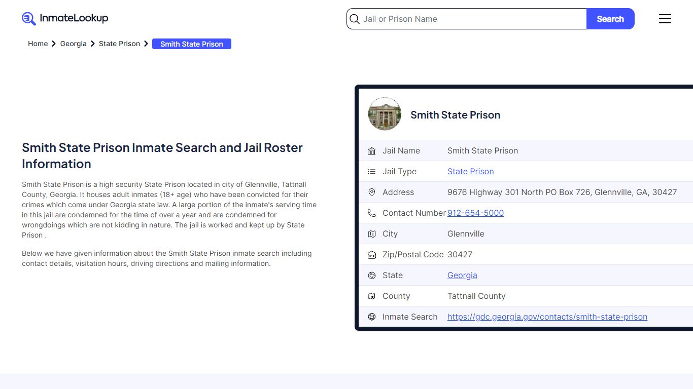 Smith State Prison Inmate Search and Jail Roster Information